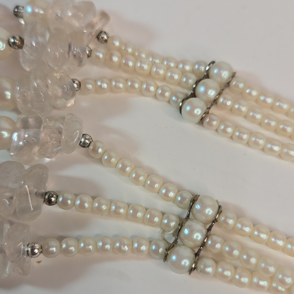 Classic Rose Quartz Stones Pearl Lariat Floral Necklace Earrings Triple Strand - Picture 15 of 15